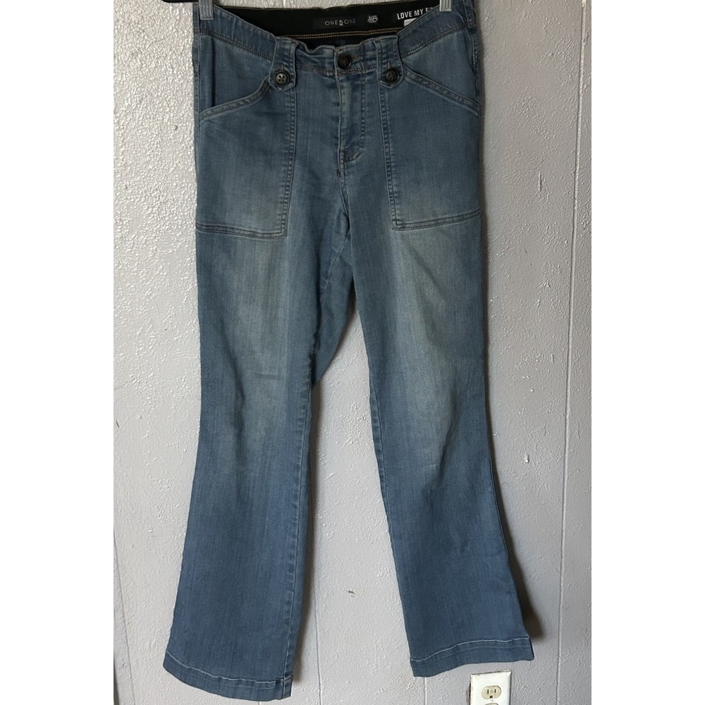 Womens One 5 One Bombshell Denim Jeans 8/29 Patch Pockets Stretch Wide Legs